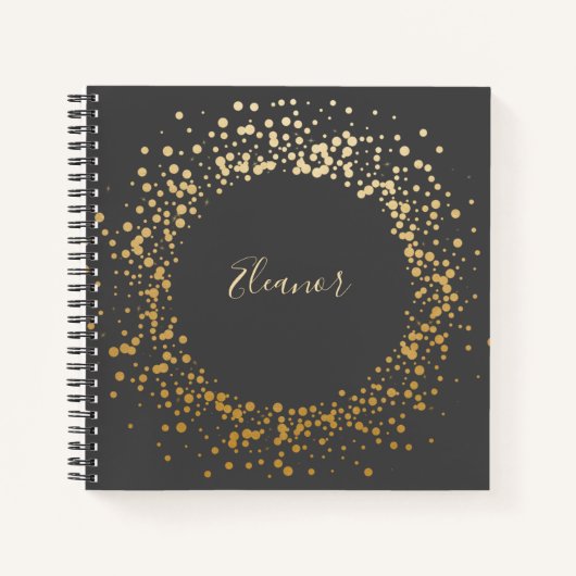 Carnet Nom personnalisé Chic Gold Confetti Dots Noir (Devant)