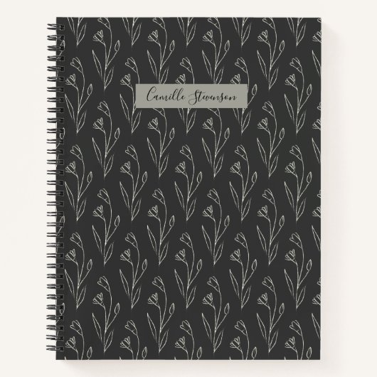 Carnet Nom personnalisé Élégant noir blanc floral (Devant)