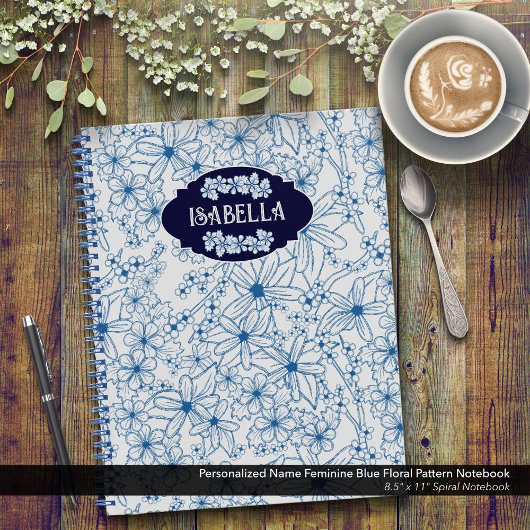 Carnet Nom personnalisé féminin motif floral bleu