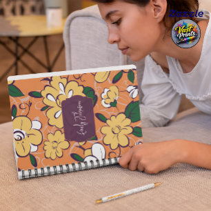 Carnet Nom personnalisé Fleurs abstraites Orange Blanc