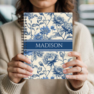Carnet Nom personnalisé Fleurs bleues vintage   Floral mo