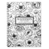 Carnet Nom personnalisé floral noir et blanc élégant (Devant)