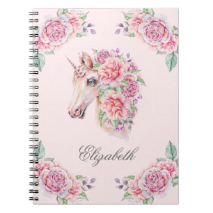 Carnet Nom personnalisé Licorne Fleurie Aquarelle Rustiqu