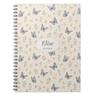 Carnet Nom personnalisé Papillon Bleu Ruban Cadeau Floral