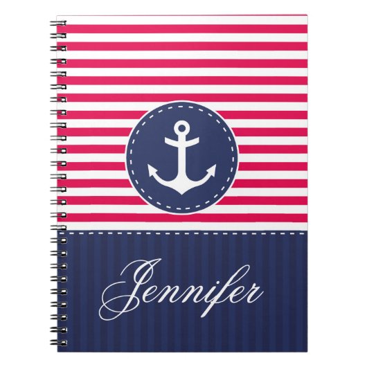 Carnet Nom personnalisé par Ancre bleue rouge de motif (Devant)