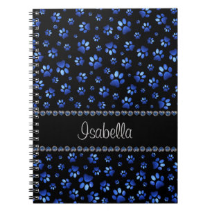 Carnet Nom personnalisé, pattes de chien en paillettes bl