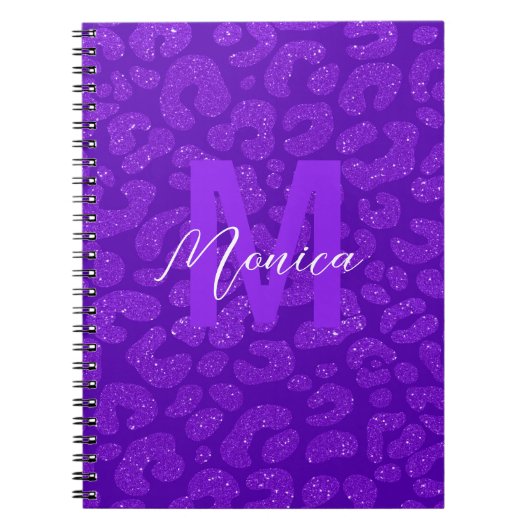 Carnet Nom personnalisé stylé Glitter Violet Léopard (Devant)