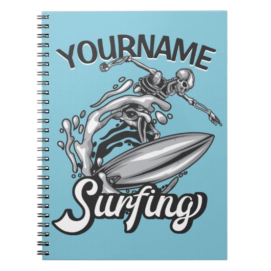 Carnet Nom personnalisé surfeur grande vague squelette su (Devant)