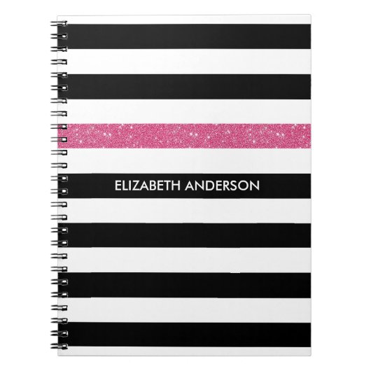 Carnet Nom Rayure Pailletée Rose Noir Blanc (Devant)