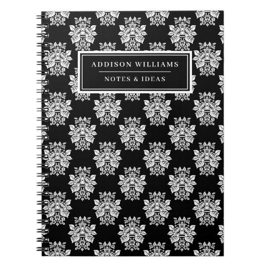 Carnet Nom unique Black Blanc Floral Damask Custom (Devant)