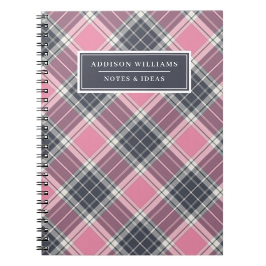 Carnet Nom unique Pink Grey Plaid Motif (Devant)