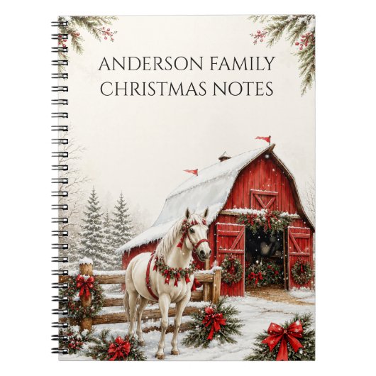 Carnet Notes de ferme rouge Noël cheval blanc | (Devant)