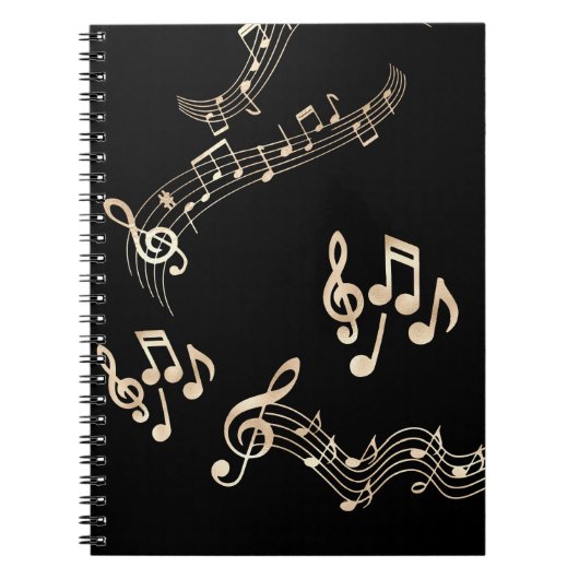 Carnet Notes de musique dorées sur fond noir (Devant)