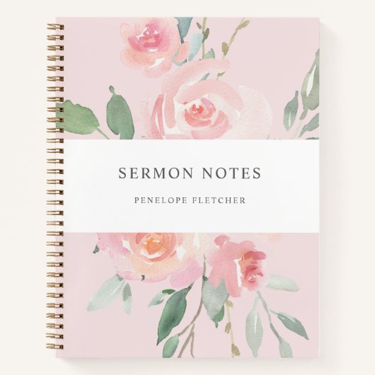 Carnet Notes de sermon aquarelle floral rose poudré (Devant)