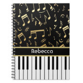 Carnet Notes musicales et touches de piano Noir et Or (Devant)