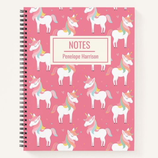 Carnet Notes Personnalisés Motif Licorne Rose Mignon (Devant)