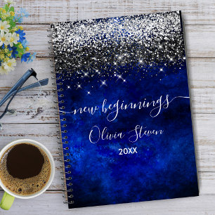 Carnet Nouveaux débuts bleu royal faux paillettes argenté