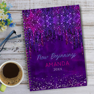 Carnet Nouveaux débuts Violet faux paillettes Gouttes lar