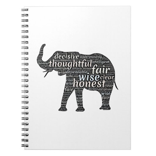 Carnet Nuage de mots sur les qualités d'un éléphant (Devant)