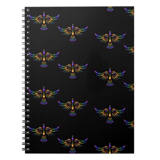 Carnet Oiseau abstrait doré, violet et vert sur noir (Devant)