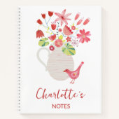 Carnet Oiseau avec pichet de fleurs nom personnalisé (Devant)