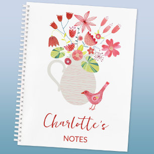 Carnet Oiseau avec pichet de fleurs nom personnalisé