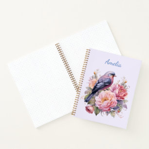 Carnet Oiseau chanteur debout sur des pivoines roses