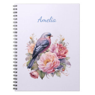 Carnet Oiseau chanteur debout sur des pivoines roses