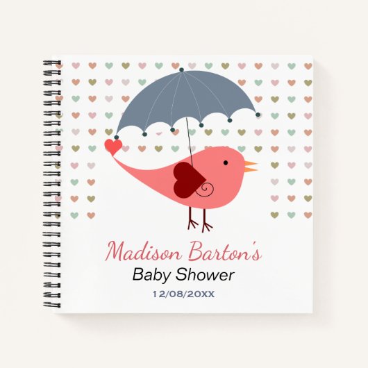 Carnet Oiseau sous parapluie Baby shower Coeurs pluviants (Devant)