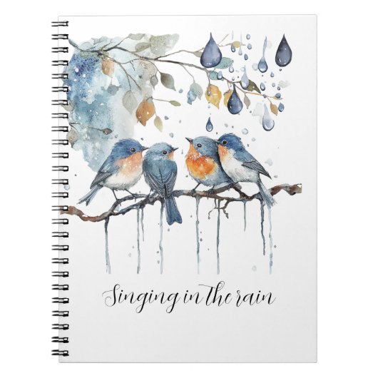 Carnet Oiseaux Bleus Orange Chantant sous la Pluie (Devant)