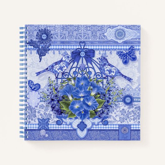 Carnet Oiseaux de porcelaine bleue et cage à oiseaux (Devant)