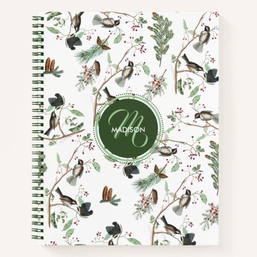 Carnet Oiseaux de poulet Berries et Pinecones Monogrammes (Devant)