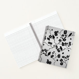 Carnet Oiseaux et fleurs de cerisier à motif noir sur arg