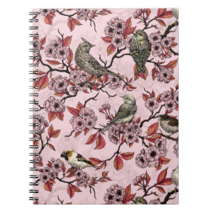 Carnet Oiseaux et fleurs de cerisier sur fond rose saumon