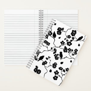 Carnet Oiseaux Motifs noirs et blancs sur les fleurs de c