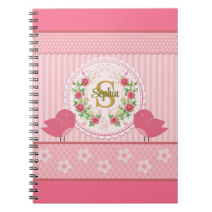 Carnet Oiseaux roses charmants et élégants et monogramme