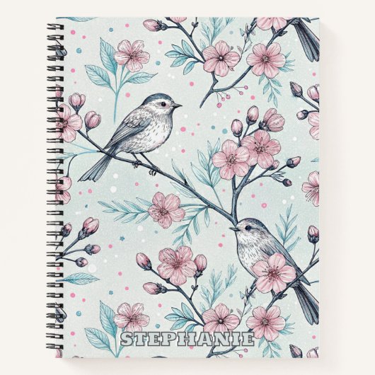 Carnet Oiseaux sarcelle élégants Fleurs de cerisier roses (Devant)