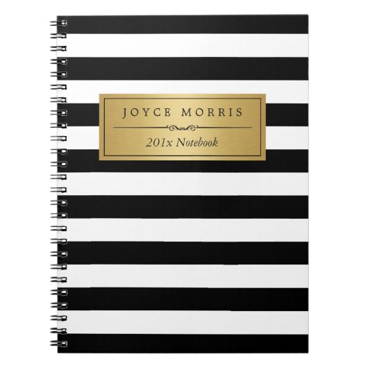 Carnet Or classique et rayures blanches noires élégantes (Devant)