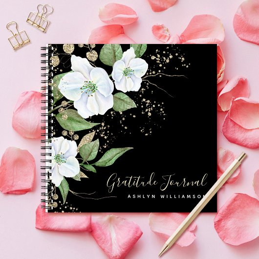 Carnet Or noir écriture florale aquarelle chic gratitude
