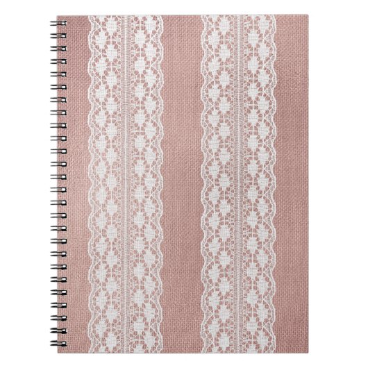 Carnet Or rose métallique, texture dentelle blanc cassé. (Devant)