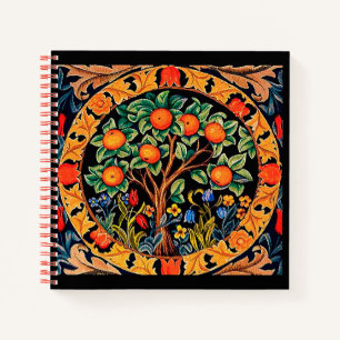 CARNET ORANGE ARBRE AVEC FEUILLES VERTS, FLEURS