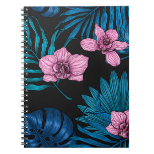 Carnet Orchidées et feuilles de palmiers, rose et bleu su