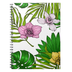 Carnet Orchidées et feuilles de palmiers, rose, jaune, ve