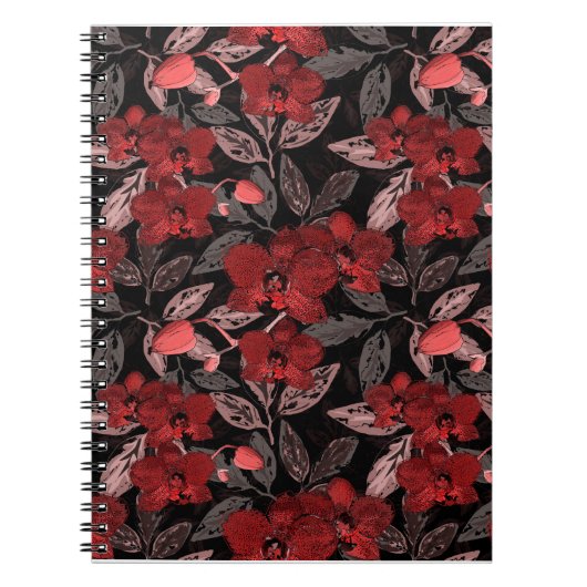 Carnet Orchidées rouges sur noir. (Devant)