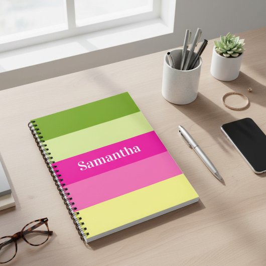Carnet Ordinateur portable monogramme vert et rose rayé