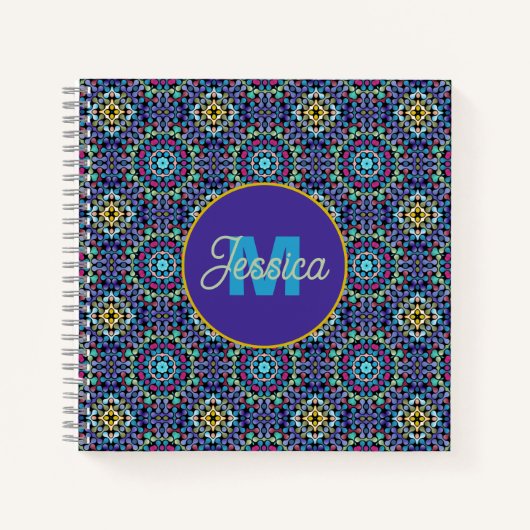 Carnet Ornate Blue Geometric Mosaic Pattern Personalised (Devant)