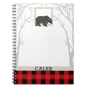 Carnet Ours rustique et damier rouge à carreaux, bois cam