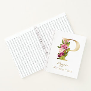 Carnet P Lettre or Monogramme rose blanc Magenta Floraux