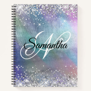 Carnet Pailleté Argent Monogramme Iridescent Feuille Méta