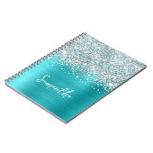 Carnet Pailleté Argent Turquoise Bleu Glam Script Nom (Côté gauche)